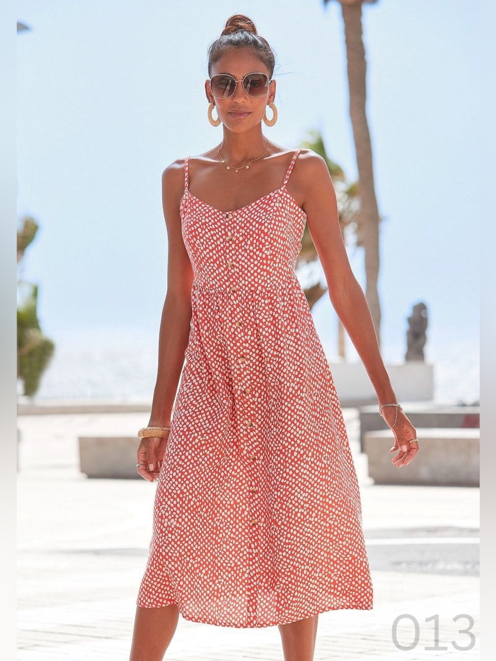 NWT - Lascana Button-Front Red Dot Midi Dress with Spaghetti Straps - Size 4